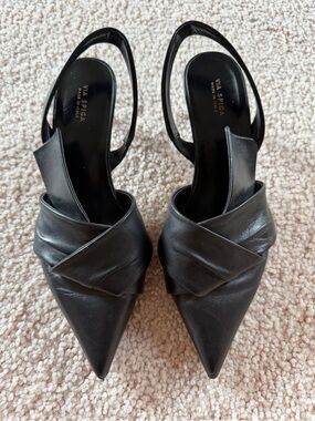 Via Spiga Black Pointed Leather Slingback Kitten Heels